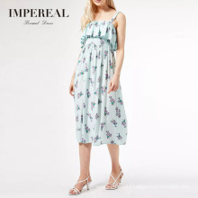 Elastic Top Mint Floral Print Tiered Midi Flower Summer Dresses Women